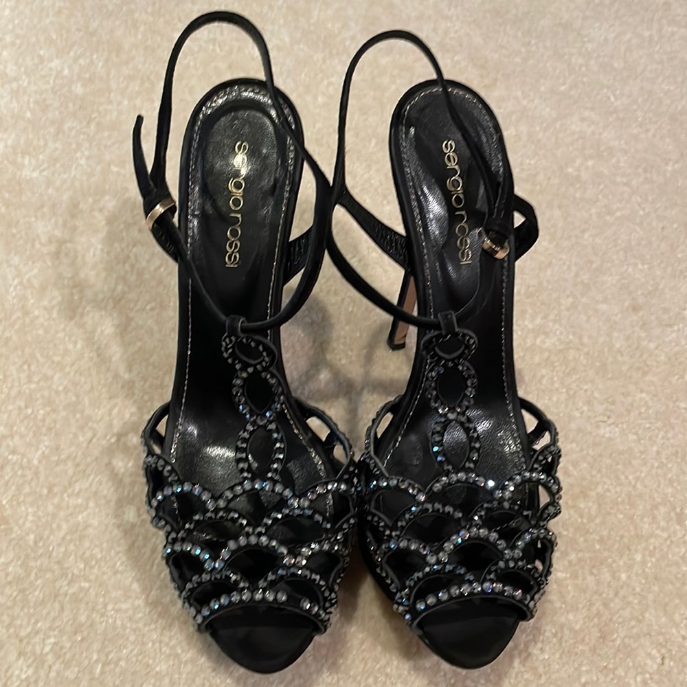 Sergio Rossi black suede crystal embellished strappy heels 37 1/2